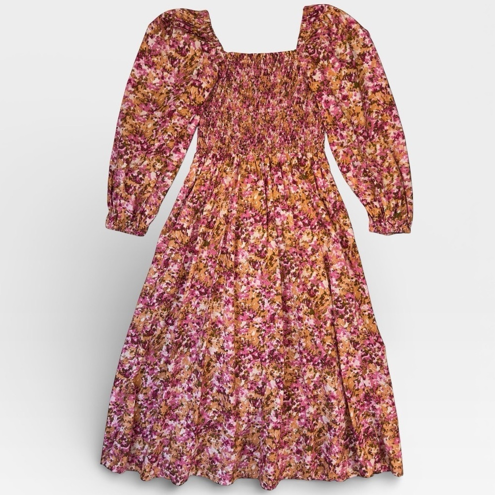 J. Crew Pink Floral Fit & Flare Long Sleeve Midi Dress 100% Cotton XSMALL